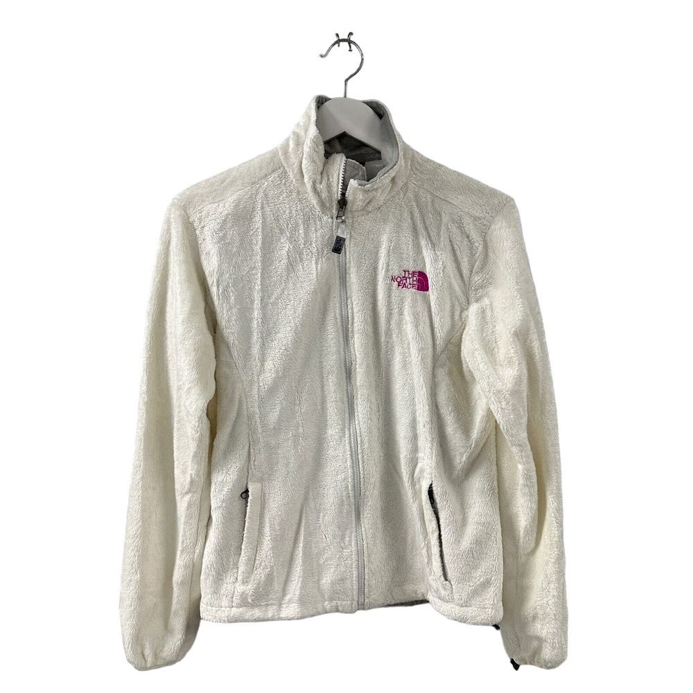 The North Face Osito‎ Fleece Full Zip Jacket Off White Hot Pink Logo L Petite
